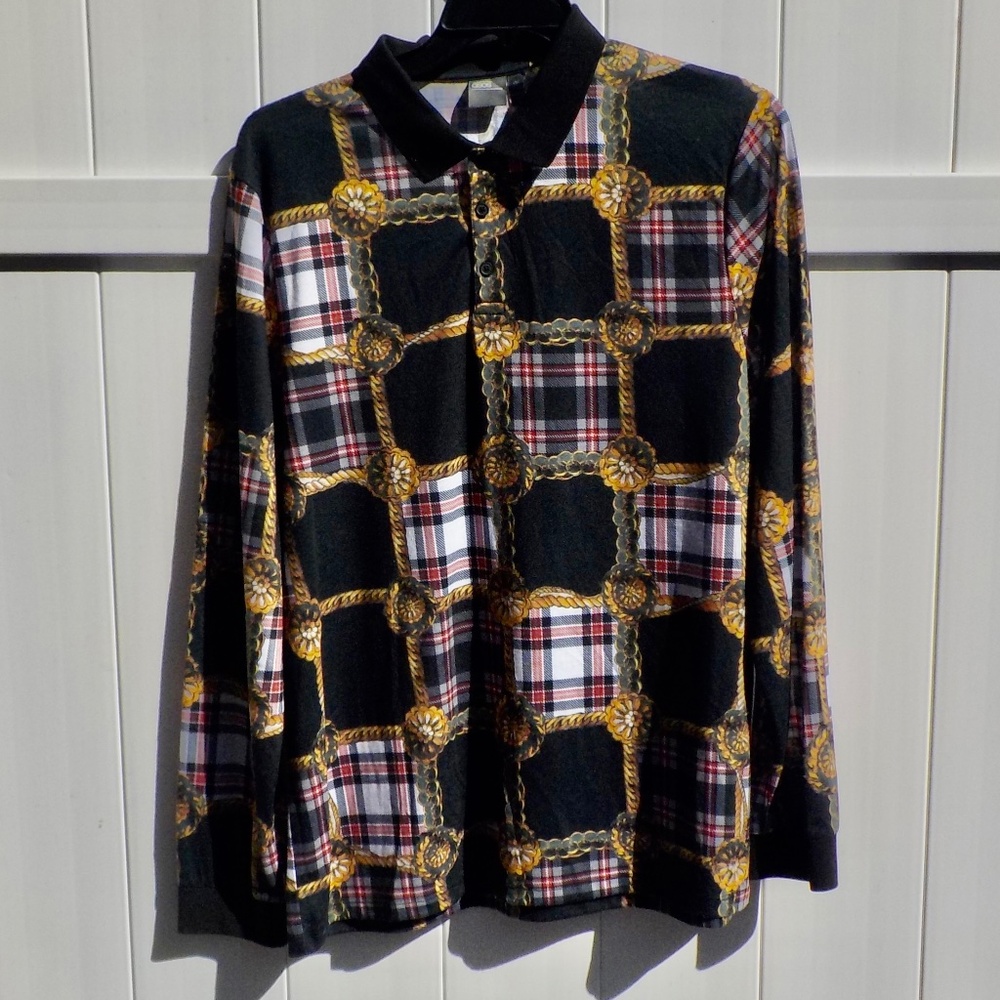 asos Long Sleeve Polo Shirt Plaid and Gold Chain Design Men's 2XL